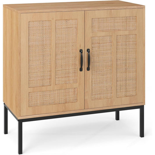 Sideboard allure contemporaine marron en rotin, portes en rotin