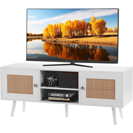 Meuble TV en bois massif et chene avec des portes vitrees