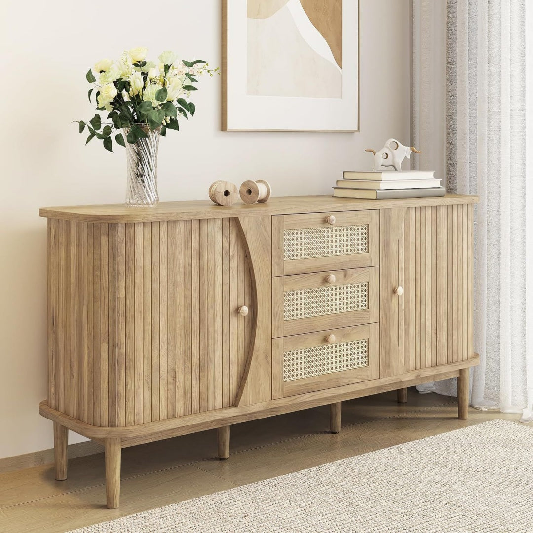 Buffet beige bois ingenierie 140 cm, rangement finition rustique