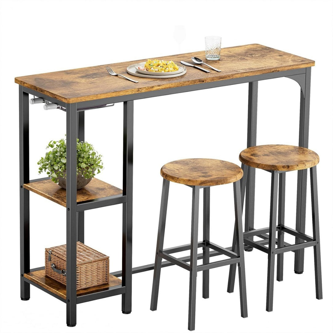 Ensemble bar gris fonce 2 etageres, design moderne bois massif pour salon
