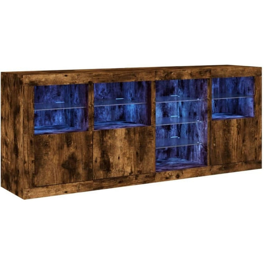 Buffet marron, eclairage LED integre, ports USB integres, rangement elegant