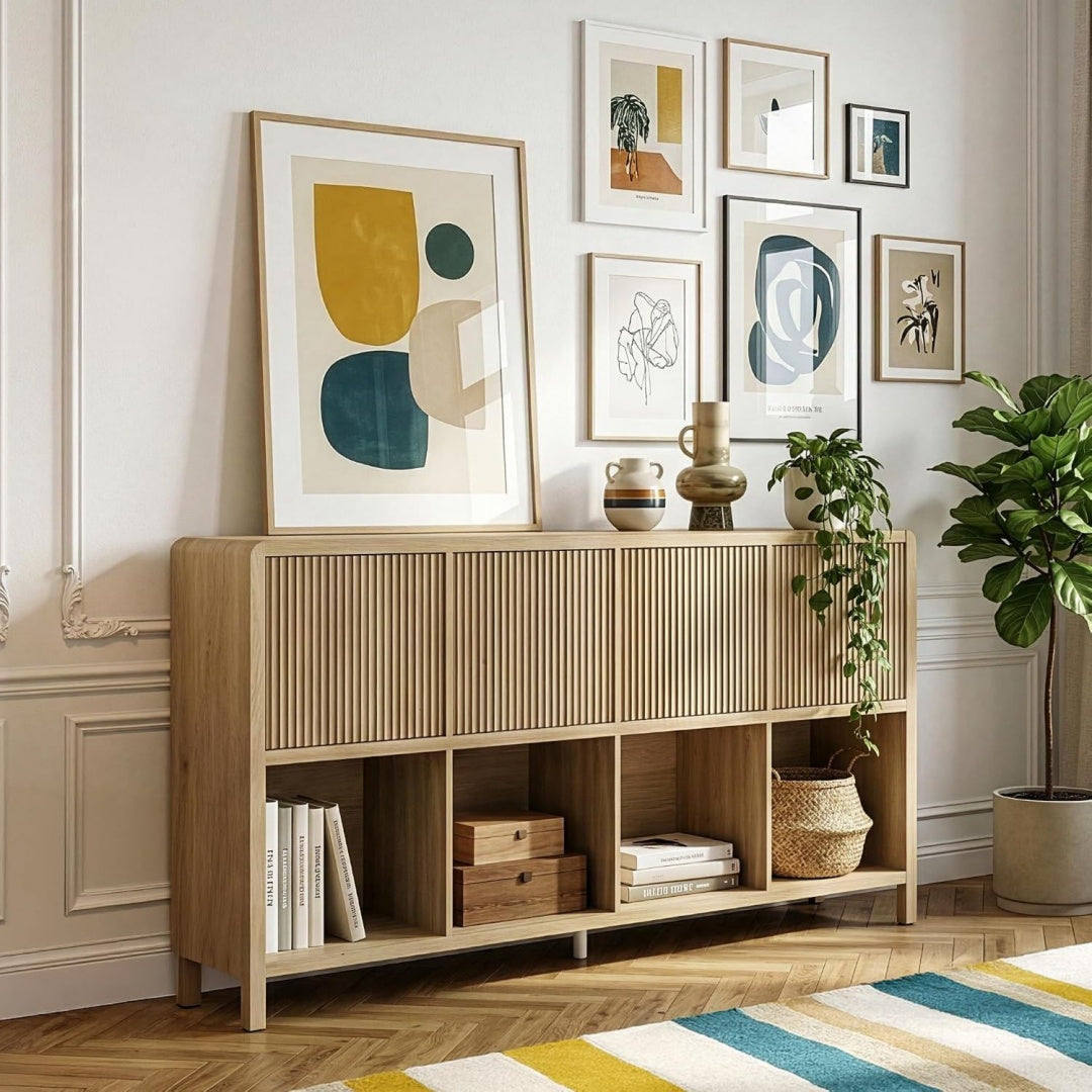 Commode haute marron 8 etageres reglables, finition chene et design moderne