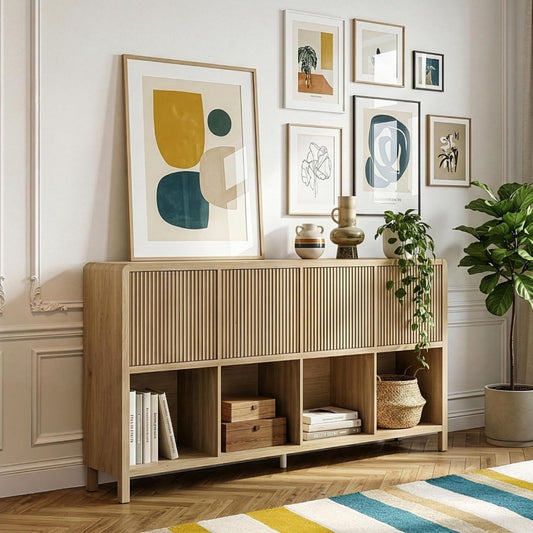 Commode haute marron 8 etageres reglables, finition chene et design moderne
